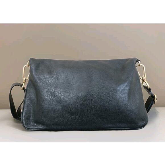 Tory Burch Amalie Black Fold Over Messenger Pebbled Leather Handbag Chic Classy - Picture 3 of 10